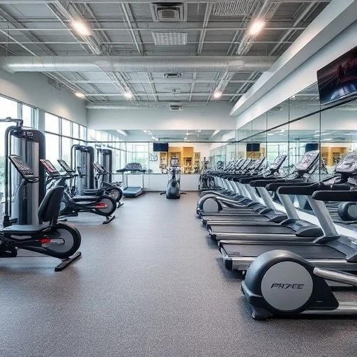 Pristine, spacious, high-end fitness environment with subtle glimpse of advanced equipment
